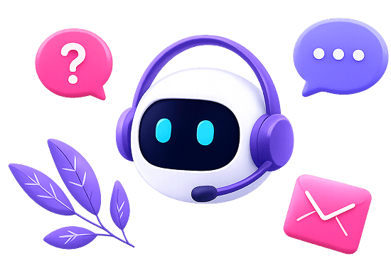 Mascota chatbot con auriculares y burbujas de chat