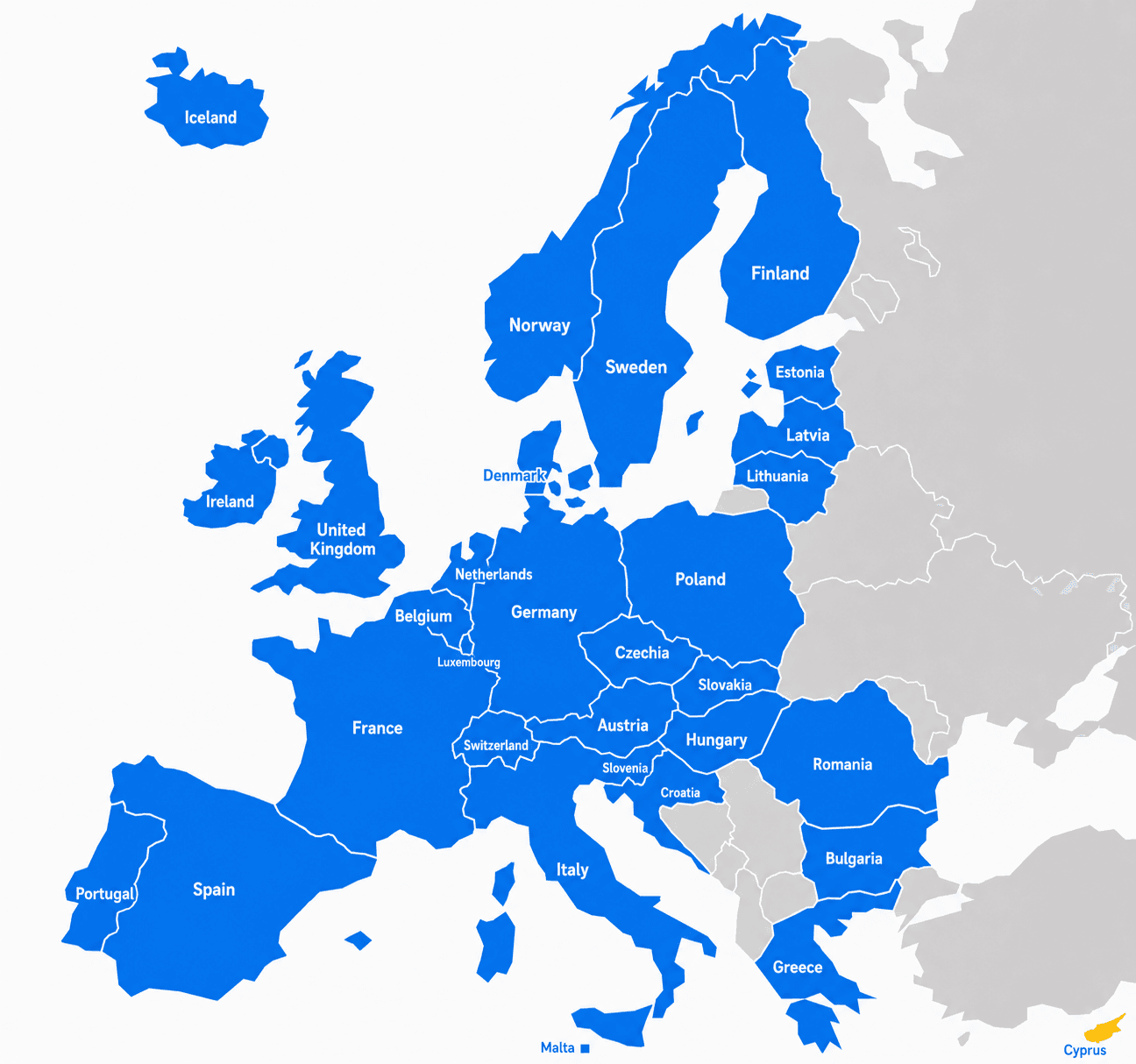 Mapa de Europa con países coloreados según su estado Schengen: Área Schengen (UE y no UE), estados fuera de Schengen y países en trámite de integrarse